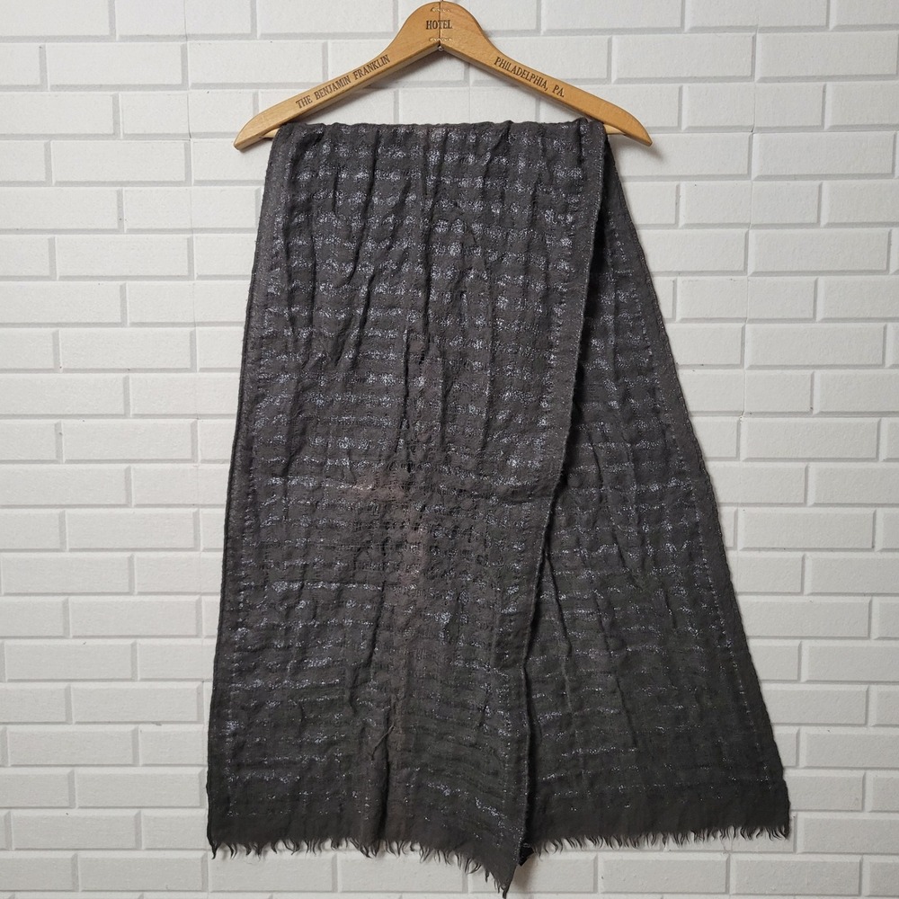 Eileen Fisher Scarf Charcoal Gray Wool Metallic Textured Oblong 15X62 Vtg - Picture 2 of 8